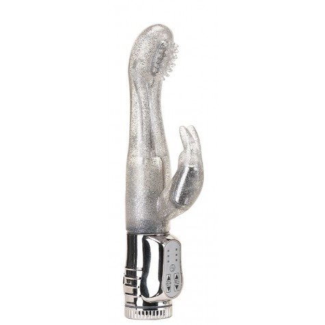 Вибратор с блёстками и клиторальным стимулятором WATERPROOF ROTATING G-SPOT RABBIT - 17,5 см.